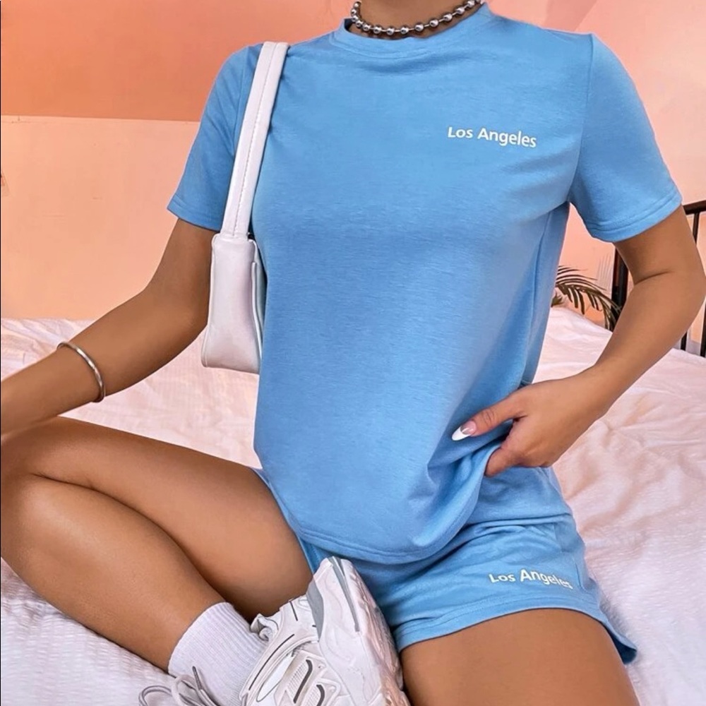 Light Blue “los angeles” SHEIN Shirt and Short Set